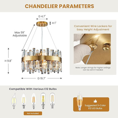 Siljoy 12-Light Modern Crystal Chandelier Luxury Gold 2-Tiers K9 Crystal Raindrop Chandelier Pendant Ceiling Light Fixture for Living Dining Room Kitchen Island Bedroom Foyer D19.7''