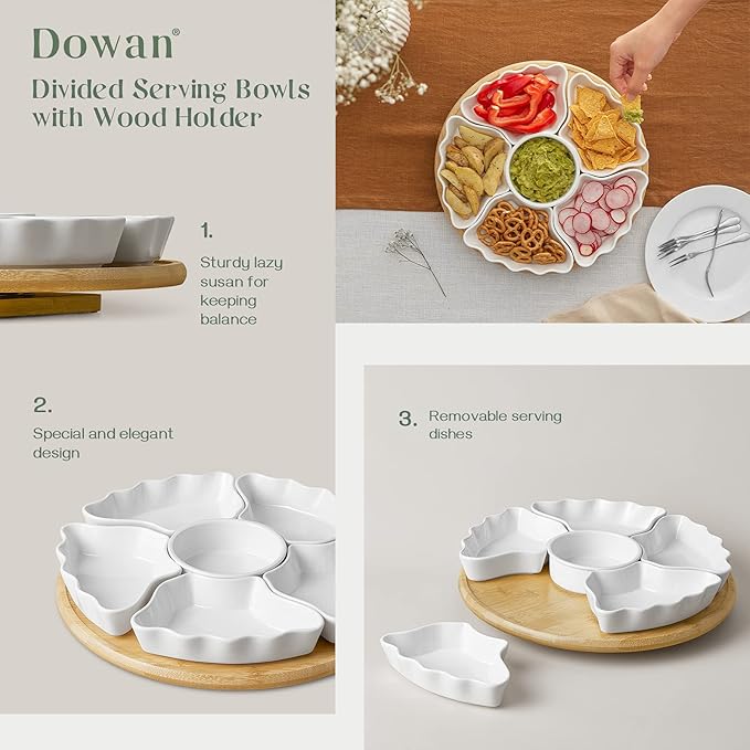 DOWAN 360° Rotatable Serving Platters, 12 Inch Divided Serving Bowls for Party, Kitchen Decor, Removable Serving Dishes for Chips and Dip, Fruit, Veggies, Candy and Snacks, 7 Pieces, White