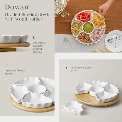 DOWAN 360° Rotatable Serving Platters, 12 Inch Divided Serving Bowls for Party, Kitchen Decor, Removable Serving Dishes for Chips and Dip, Fruit, Veggies, Candy and Snacks, 7 Pieces, White