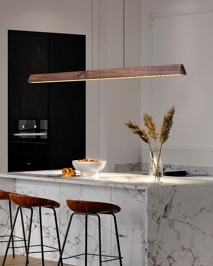 47" Wood Linear Pendant Light, Dimmable Kitchen Island Lighting with Remote, 30W LED Island Lights for Kitchen, Adjustable Linear Chandelier for Dinning Room Light Fixture, Bar, Pool Table - Walnut