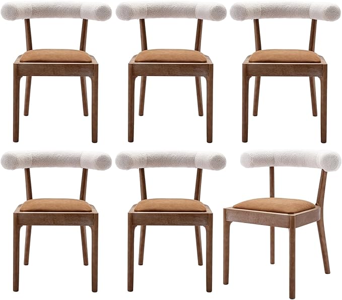 Wood Dining Chairs Set of 6, Mid Century Modern Living Room Chairs with Unique Curved Sherpa Open Back Comfy PU Upholstered Side Chair for Kitchen/Restaurant/Reception, Brown