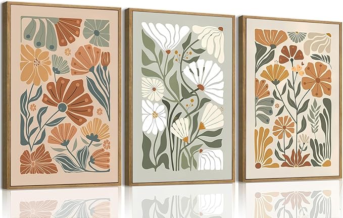 ILLBDR Framed Wall Art Wildflower Floral Canvas Wall Art Botanical Print Set of 3, Flower Illustrations Minimalist Modern Artwork Boho Abstract Decor for Living Room Bedroom Bathroom, 16x24 inch