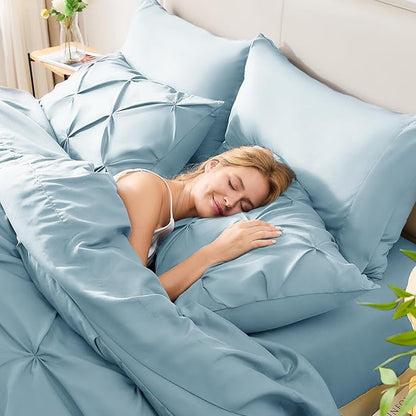 CozyLux King Size Comforter Set Light Blue, 7 Pieces Pintuck Bed in A Bag Blue Comforter King Size, Pinch Pleat Bedding Set with All Season Comforter, Sheets, Pillowcases & Shams
