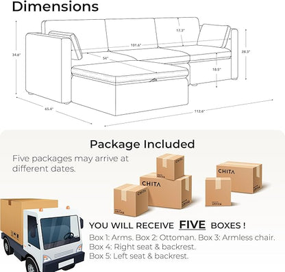 CHITA Oversized Modular Sectional Sofa Set, FSC Certified L Shaped Couch with Reversible Chaise,Modular Sectional Couch for Living Room,112 inch Width, 4 Seat Modular Sofa with Storage Ottoman, Grey
