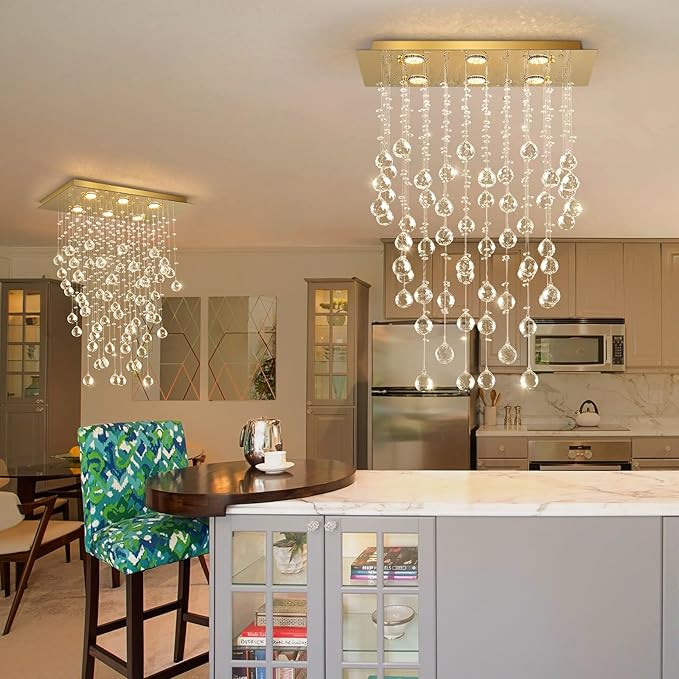 Glam Crystal Chandelier with Bulb Rain Drop Pendants Ceiling Light LED Lighting Rectangular Dining Room Light Fixture Dimmable LED Light Gold