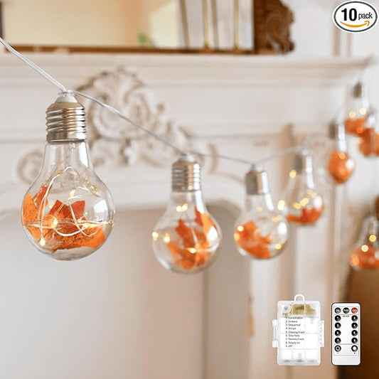 YOLIGHT Fall Decoration Fairy Bulb Lights Maple Leaf Lights Battery Operated with Remote Timer 10ft 10 LED Globe String Lights for Thanksgiving Autunm Harvest Halloween Party Christmas Décor