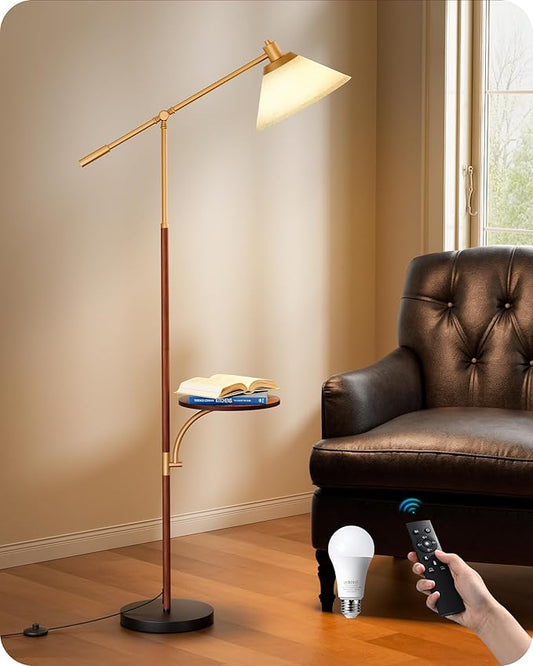 EDISHINE 68" Arc Floor Lamp with Table, Vintage Standing Lamp for Living Room, Tall Reading Lamp, Beige Shade, Adjustable Arm, Remote Dimmable Bulb Included, for Bedroom Office, Wood Grain