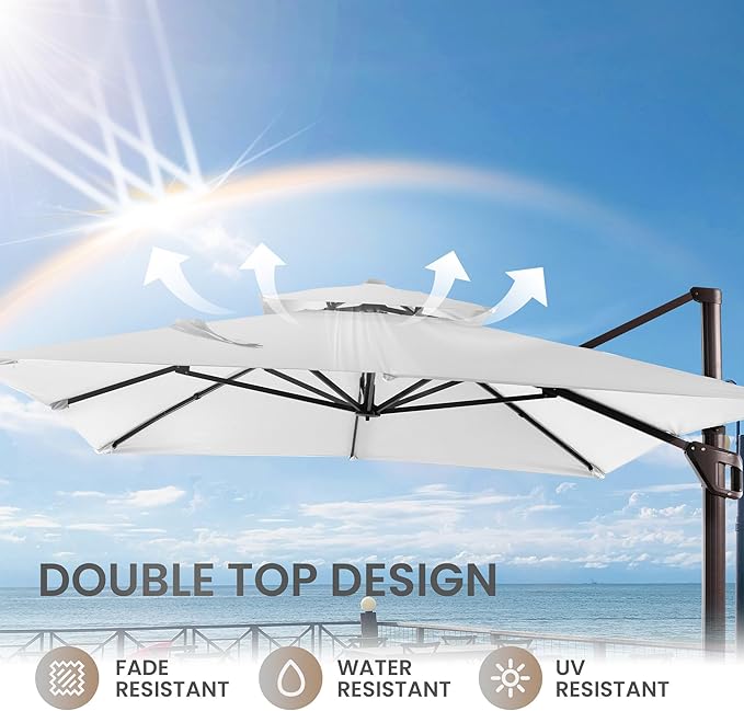 10 X 13 FT Cantilever Patio Umbrella with Base Included Outdoor Heavy Duty Double Top Windproof Rectangle Offset Umbrellas with 360-degree Rotation for Pool Deck Backyard, Foggy Grey