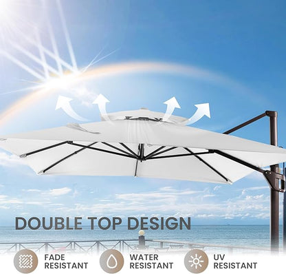 10 X 13 FT Cantilever Patio Umbrella with Base Included Outdoor Heavy Duty Double Top Windproof Rectangle Offset Umbrellas with 360-degree Rotation for Pool Deck Backyard, Foggy Grey
