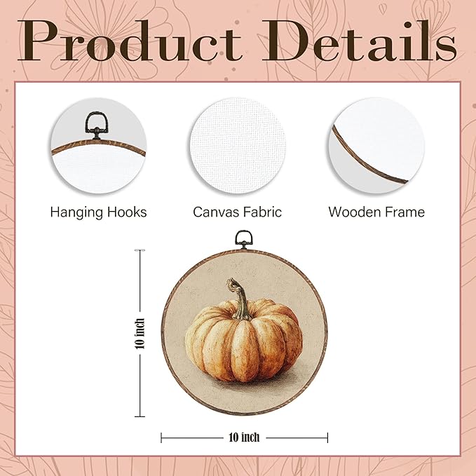 Hxlac Vintage Fall Pumpkin Print Round Wall Art Framed, Rustic Fall Round Wall Decor, Halloween Autumn Hanging Canvas Prints Wall Sculptures for Home Living Room Bedroom Decor, 10x10 Inch