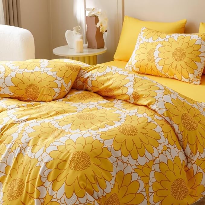 CLOTHKNOW Yellow Sunflower Comforter Set California King Yellow White Bedding Comforter Sets Light Yellow Comforter Yellow Flower Comforter Lightweight
