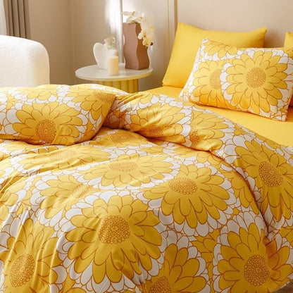 CLOTHKNOW Yellow White King Size Comforter Set Floral Bedding Comforter Sets Sunflower Comforter Women Girls Comforter with 2 x Pillow Cases