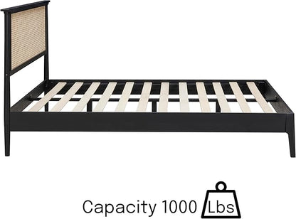 NTC Ruby Wooden Bed Frame with Headboard and Natural Rattan, Solid Oak Foundation with Silent Slats, 1000 Lb Capacity, Effortless Assembly, Queen - Burnt Black