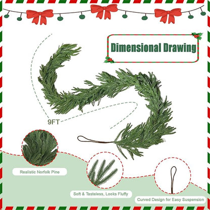 Christmas Garlands Norfolk Pine - Real Touch Pine Garlands - Garlands Christmas Decorations for Home Dining Table Mantel Porch Winter Christmas Decor(9ft)