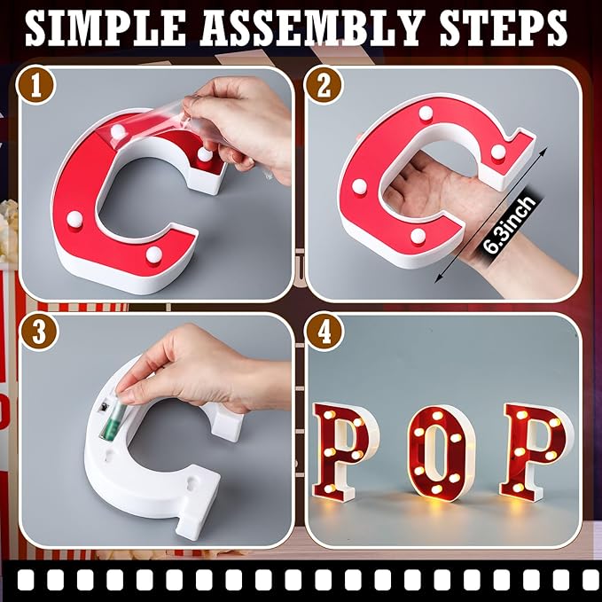 Popcorn Light up Letters Sign Party Decorations Battery Powered Marquee Lighted Sign LED Alphabet Letter Lights for Christmas Night Party Birthday Home Tabletop Decor Supplies Xmas Gift