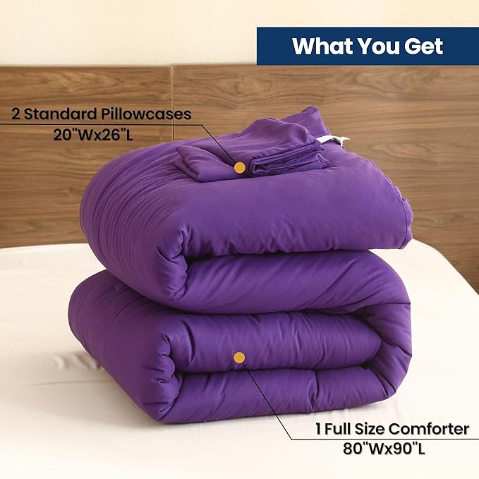 Paxrac Dreamy Purple Comforter Set Full Size, 3 Pieces Romantic Style Comforter Set, Lightweight Solid Bedding Set, All Seasons Soft Fluffy Full Bed Set (80x90In Comforter & 2 Pillowcases)