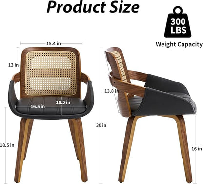 Dining Chairs Set of 2, Mid Century Modern Dining Room Chairs with Arms and Rattan Back PU Leather Upholstered Bentwood Kitchen Chairs for Home Restaurant Office - Black