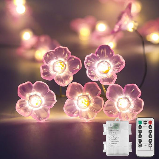 suddus Cherry Blossom Lights, 12.8 ft 40 LED Flower String Lights Battery Operated with Remote, Decorative Pink Fairy Light for Bedroom, Holiday, Partry, Indoor
