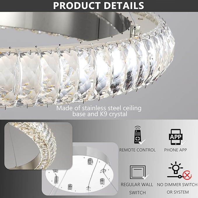 31.5" 3 Ring Crystal Chandelier Modern LED Dimmable Ring Pendant Light Round Chandelier for Dining Room Living Room Silver