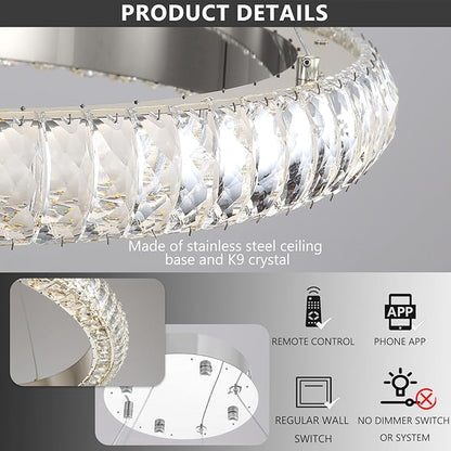31.5" 3 Ring Crystal Chandelier Modern LED Dimmable Ring Pendant Light Round Chandelier for Dining Room Living Room Silver