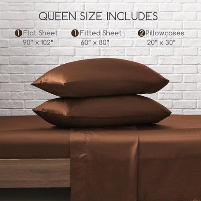 MR&HM Satin Bed Sheets, Queen Size Sheets Set, 4 Pcs Silky Bedding Set with 15 Inches Deep Pocket for Mattress (Queen, Brown)