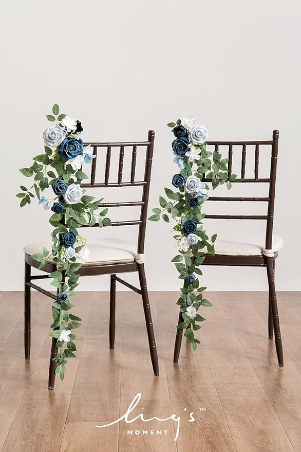 Ling's Moment 10pcs Wedding Chair Decorations Aisle Floral Swag Artificial Pew Flowers Hanging Garland Dusty Blue & Navy for Ceremony Reception Church Rose Floral Faux Arrangement Party Outdoor Decor