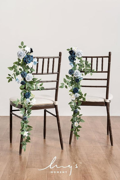 Ling's Moment 10pcs Wedding Chair Decorations Aisle Floral Swag Artificial Pew Flowers Hanging Garland Dusty Blue & Navy for Ceremony Reception Church Rose Floral Faux Arrangement Party Outdoor Decor