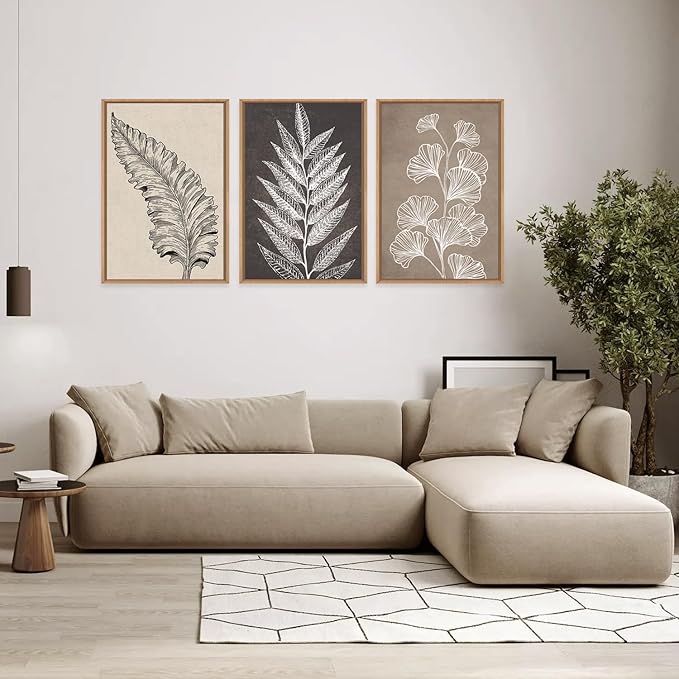 HOURIA Beige Brown Botanical Leaf Framed Canvas Wall Art Set,Modern Natural Leaves Wall Decor,Vintage Minimalist Floral Artwork,Black and White Plant Art Print for Living Room,Bedroom,Office-16"x24"x3