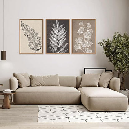 HOURIA Beige Brown Botanical Leaf Framed Canvas Wall Art Set,Modern Natural Leaves Wall Decor,Vintage Minimalist Floral Artwork,Black and White Plant Art Print for Living Room,Bedroom,Office-24"x36"x3