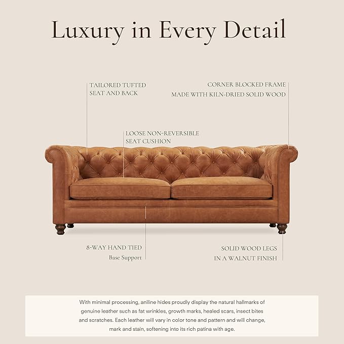 Poly & Bark Lyon Leather Couch - 87.4 Inch Sofa - Full-Grain Leather Sofa for Living Room with Feather-Down Topper - Living Room Couch - Vintage Italian Leather in Cognac Tan