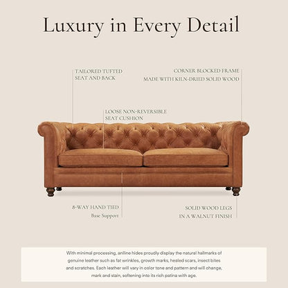 Poly & Bark Lyon Leather Couch - 87.4 Inch Sofa - Full-Grain Leather Sofa for Living Room with Feather-Down Topper - Living Room Couch - Vintage Italian Leather in Cognac Tan
