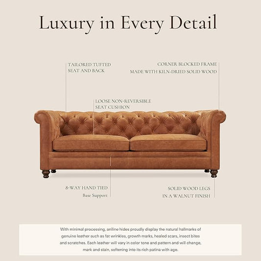Poly & Bark Lyon Leather Couch - 87.4 Inch Sofa - Full-Grain Leather Sofa for Living Room with Feather-Down Topper - Living Room Couch - Vintage Italian Leather in Cognac Tan