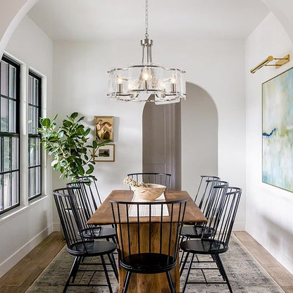Modern Textured Glass Chandelier for Dining Room, 5-Light Brushed Nickel Crystal Chandeliers Light Fixture, Drum Round Rustic Farmhouse Chandelier for Kitchen Island Bedroom Living room Foyer，E12