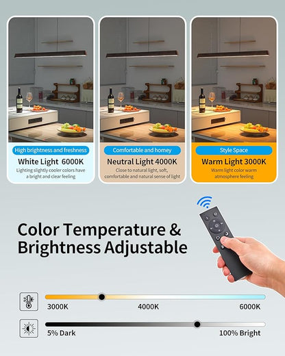 71" Wood Linear Pendant Light, Dimmable Kitchen Island Lighting with Remote, 30W LED Island Lights for Kitchen, Adjustable Linear Chandelier for Dinning Room Light Fixture, Bar, Pool Table - Walnut