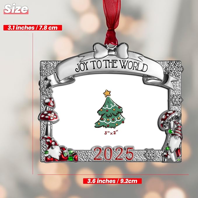 2025 Christmas Ornaments 3x2 inch Picture Frame Metal Hanging Pendant for Tree Small Decorative Keepsake, Display Photo for Baby and Pet (Gnome (2025))
