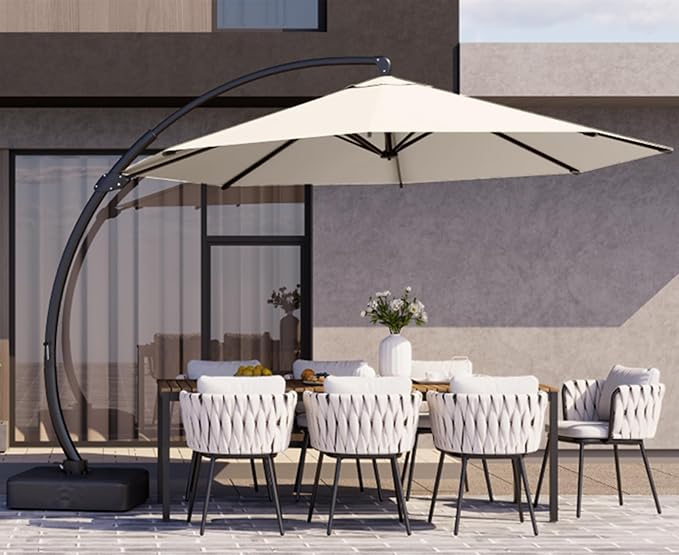 Kingdura 11ft Offset Cantilever Patio Umbrella with Base Included, Large Round Aluminum Outdoor Umbrella, 360° Rotation & Infinite Tilt, Heavy Duty Frame for Deck Pool Backyard, Creamy White
