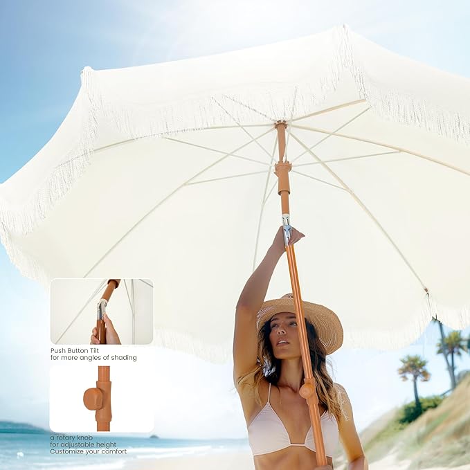 PHI VILLA 7ft Beach Umbrella with Fringe & Sand Anchor, Outdoor Patio Heavy Duty Windproof Portable Tassel Umbrellas for Sand with Push Button Tilt & Carrying Bag, UPF 50+, White(No Base)