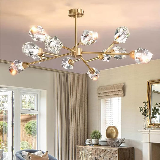Mid Century Modern Chandelier Sputnik Crystal Chandeliers Ceiling Light Fixtures 12-Light Brass Gold Pendant Lighting for Dining Room, Kitchen Island, Living Room, AP-RYX-12LGBL