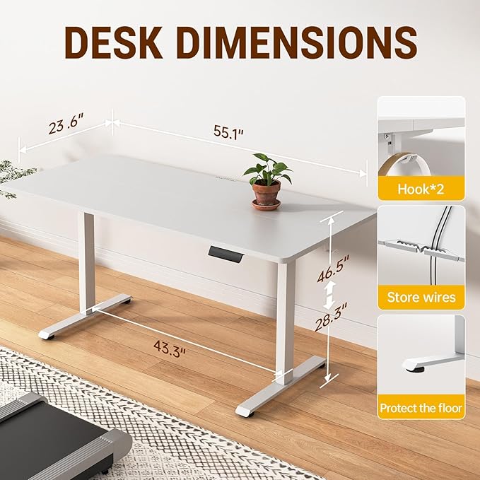 Veken 63x27.6 Inch Large Electric Standing Desk, Heights Adjustable,Sit to Stand Up, Work Home Office Computer Table for Walking Pad, Gifts for Dad, Wooden Desktop Desks, White