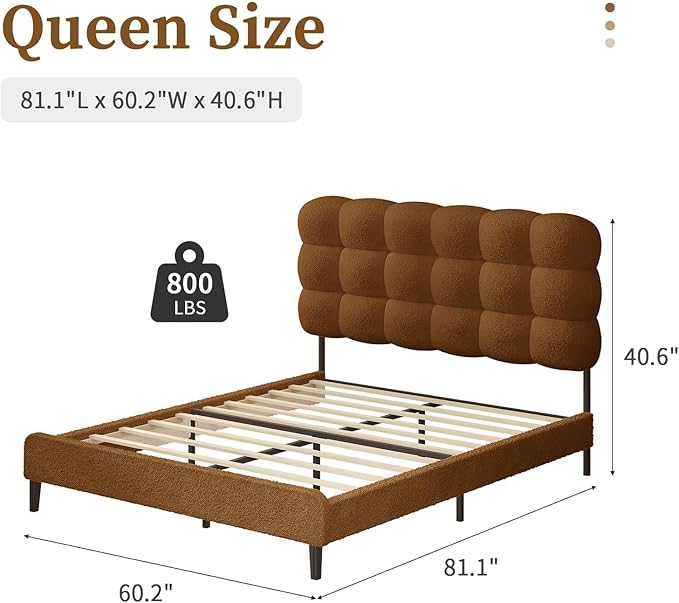 BarnFurin Queen Bed Frame with Upholstered Headboard, Platform Bed with Strong Wooden Slats Support, Two Bed Forms Design, No Boxing Spring Needed, Easy Assembly, Brown