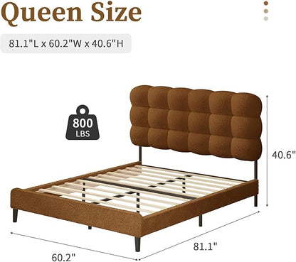 BarnFurin Queen Bed Frame with Upholstered Headboard, Platform Bed with Strong Wooden Slats Support, Two Bed Forms Design, No Boxing Spring Needed, Easy Assembly, Brown