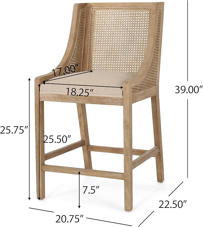 Merax 25.5" Fabric Upholstered Wood and Cane Counter Stools with Backrest,Set of 2,French Country Barstools Dining Chair