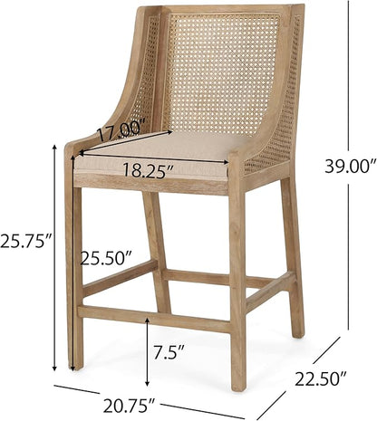 Merax 25.5" Fabric Upholstered Wood and Cane Counter Stools with Backrest,Set of 2,French Country Barstools Dining Chair