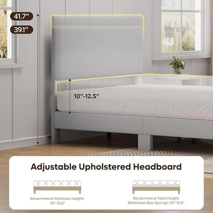 Bestier Full Bed Frame with Adjustable Headboard, LED Lighting, Vertical Channel Tufted Corduroy Upholstered, Solid Wooden Slats Support, No Box Spring Needed, Never Squeak, Easy Assembly, Light Grey