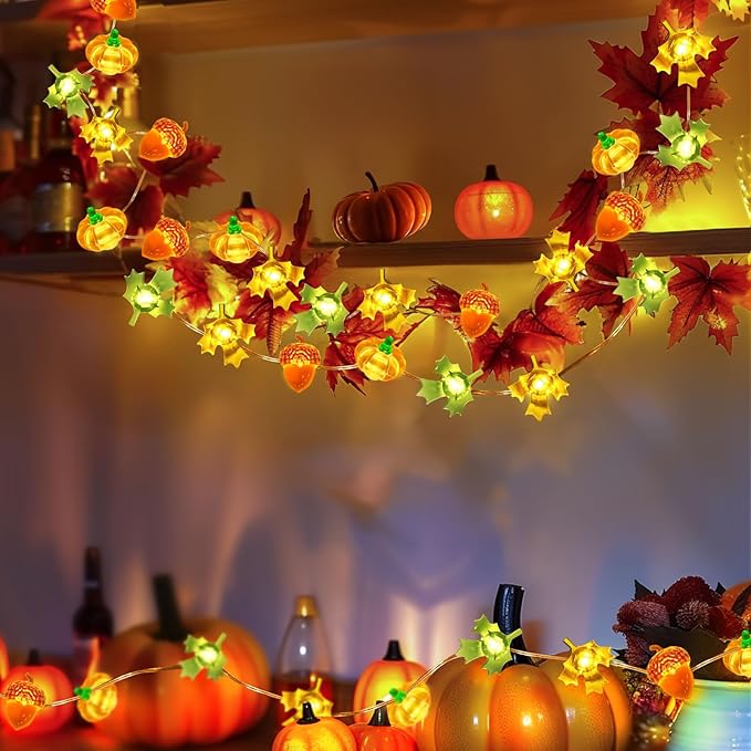 Coquimbo Fall Decorations Thanksgiving for Home, 10FT 30 LED Pumpkin Maple Leaf Lights Battery Operated Fairy String Lights Autumn Harvest Table Indoor Outdoor Decor Halloween Party Decorations Gifts