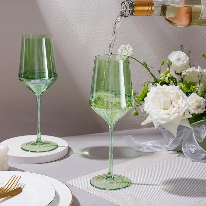 Physkoa Green Wine Glasses Set 6-15oz Crystal Green Wine Glasses With Long Stem