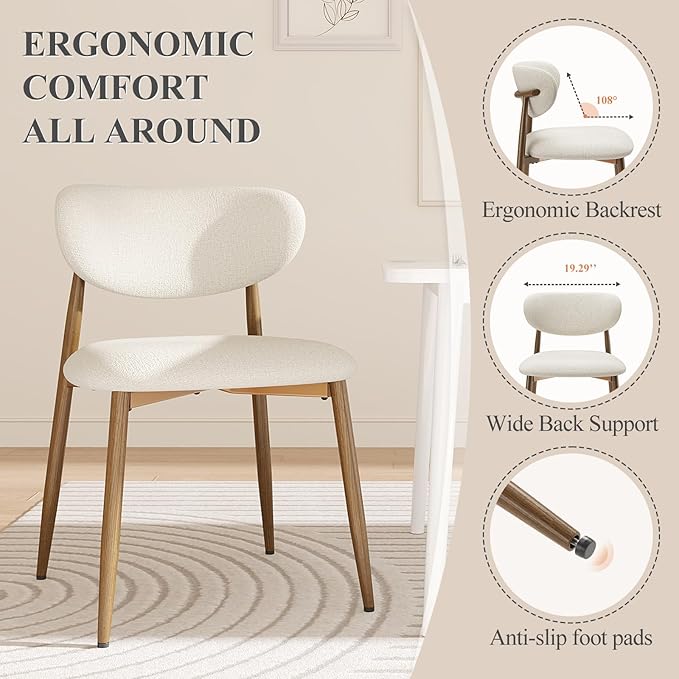 Dining Chairs Set of 6, Upholstered Dining Room Chairs with Metal Legs and Anti Slip Pads, Curved Back Wood Kitchen Chair for Home and Restaurant Use, Beige
