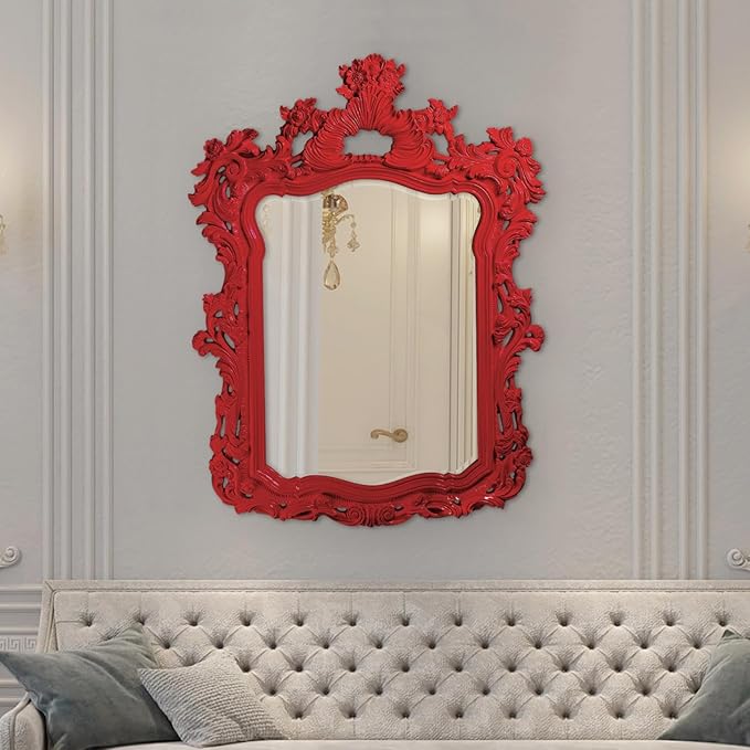Howard Elliott Turner Large Ornate Mirror, Red Ornate Mirror Beveled Edges Rectangular Vanity Mirror with Baroque Scroll Pattern for Bedroom, Living Room, Bathroom & Entryway, 56 x 42 Inch