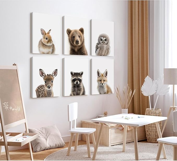 Nursery Animal Wall Art Pictures Baby Safari Canvas Wall Decor Jungle Woodland Wall Art Cute Animal Prints Paintings Nursery Kids Posters for Boys Girls Room Bedroom 12x16 Inch Wrapped Canvas Set of 6