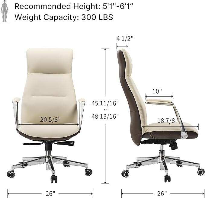 EUREKA ERGONOMIC Royal Slim Executive High Back Beige Leather Office Chair, Home Desk Chair for Adults, Big and Tall with Wheels, Swivel Rolling